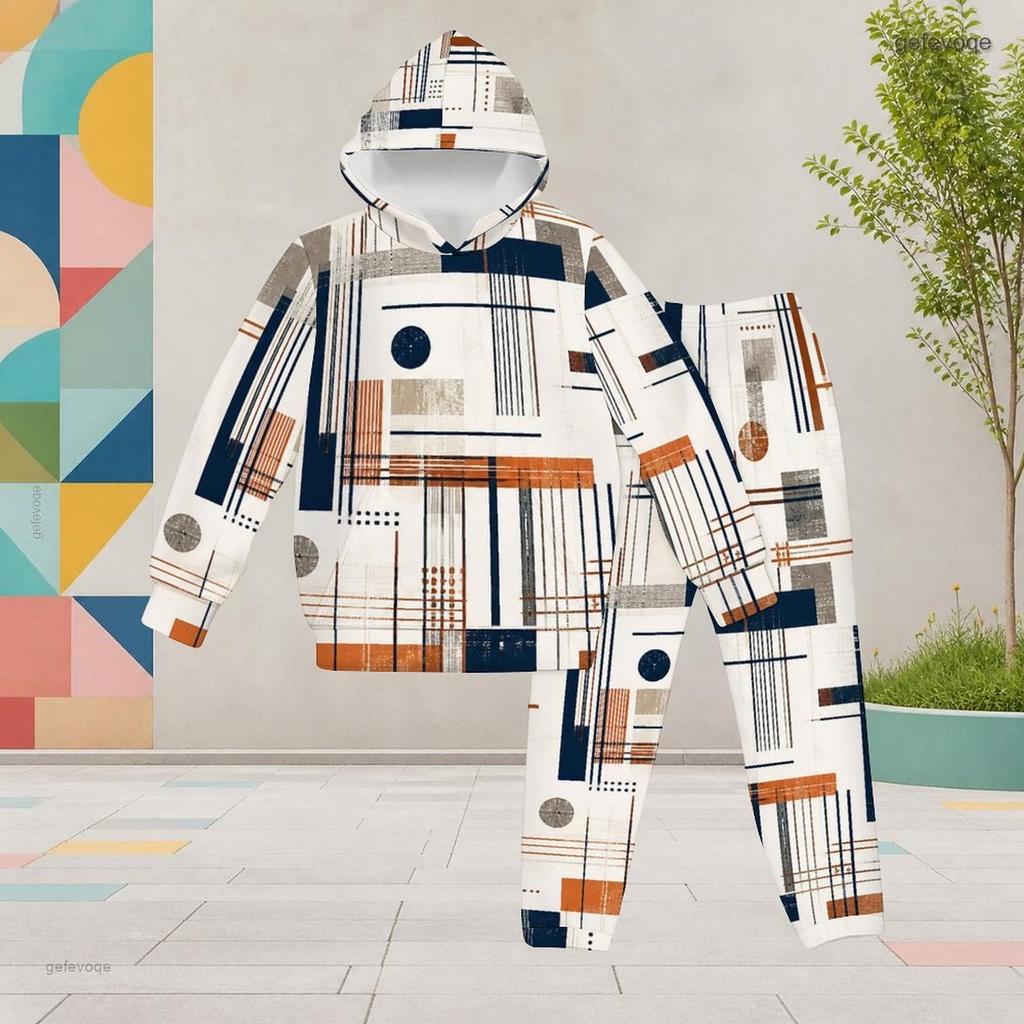 Girls Geometric Printed Hooded Long Sleeve Two Piece Tracksuit Kangaroo Pocket Cuffed Pants Set