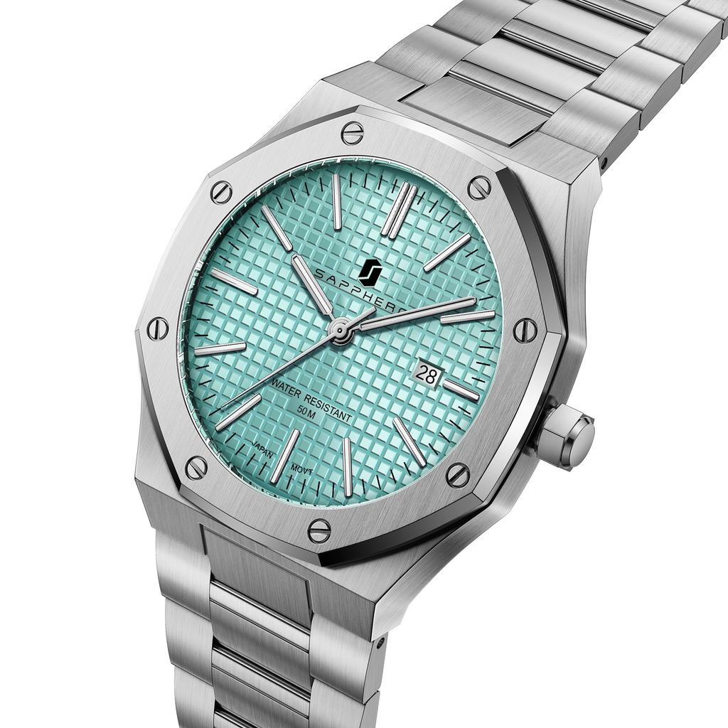 SAPPHERO Chronograph Stainless 50M Water Quartz Date Green Men's Watch, Steel, Resistant, Stylish, Analog, Display, Gift, Silver/Mint