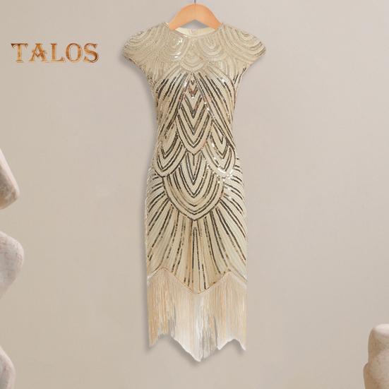Vestito da sera vintage con paillettes da donna, senza maniche, scollo tondo, chiusura lampo posteriore, orlo con frange, a tubino, vestibilità aderente