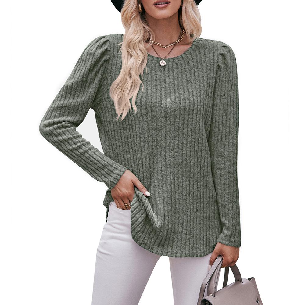 Women's Round Neck Bubble Sleeve Brushed Pit Stripe Solid Color Top Long Sleeved T-shirts