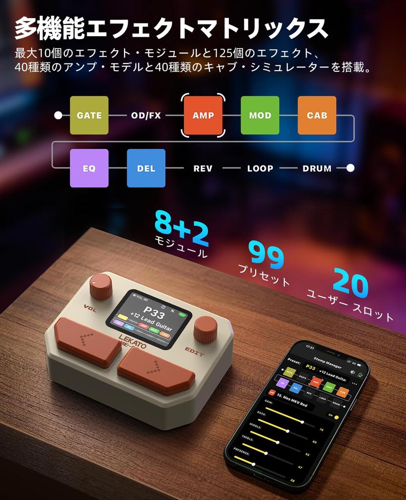LEKATO Processor for 125 30 Amp USB Audio OTG Rechargeable Multi-Effects Guitar, Effects, Models, 40-Second Looper, NAM/IR Compatible, Interface,