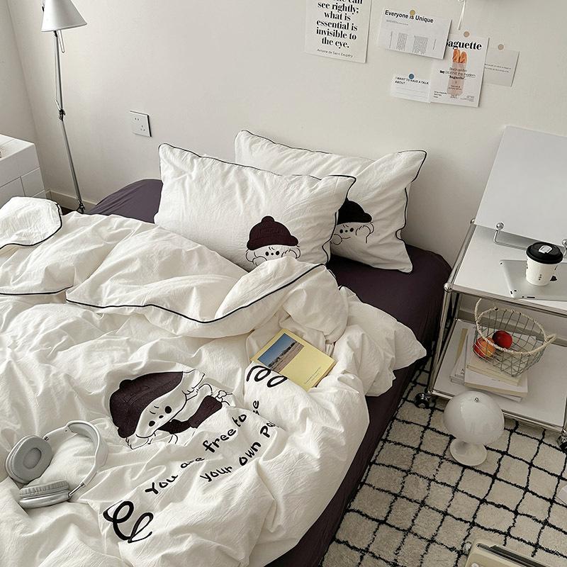 Girl Heart Simple Four-piece Set Soft Washed Cotton Cute Embroidery Heavy Industry Bed Sheet Quilt Cover Dormitory Three-piece Set