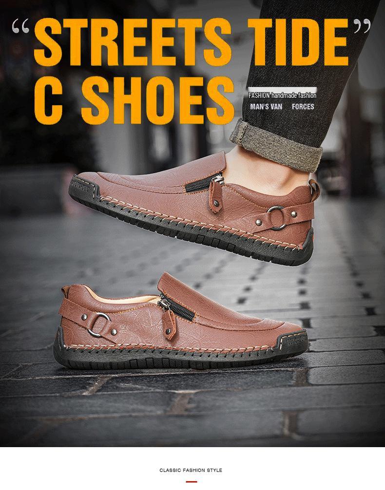 Men's Autumn Casual Leather Slip-On Shoes, Large Size, Soft Sole, Non-Slip, Hand-Stitched, Side Zipper