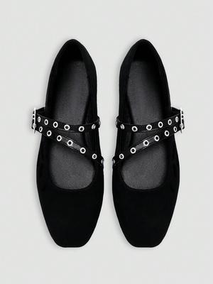Czarne Buty Mary Jane z Paskiem na Dwie Klamry, Retro Design z Srebrną Klamrą Pierścieniową