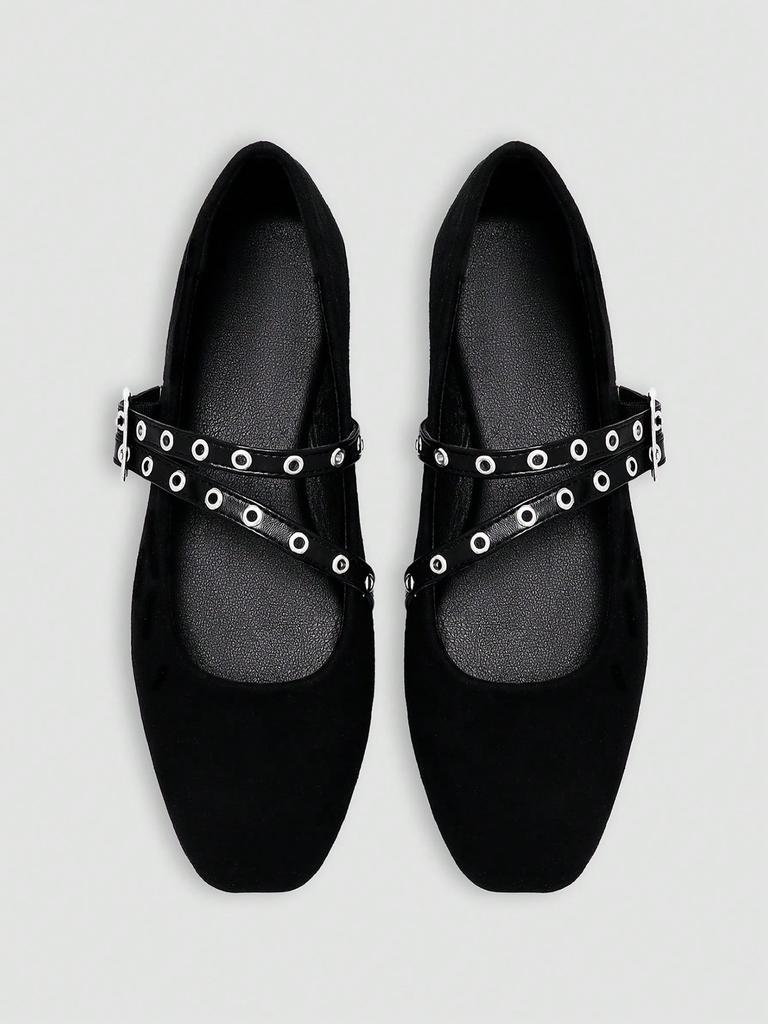 Black Double Buckle Strap Mary Jane Shoes, Retro Silver Ring Buckle Design