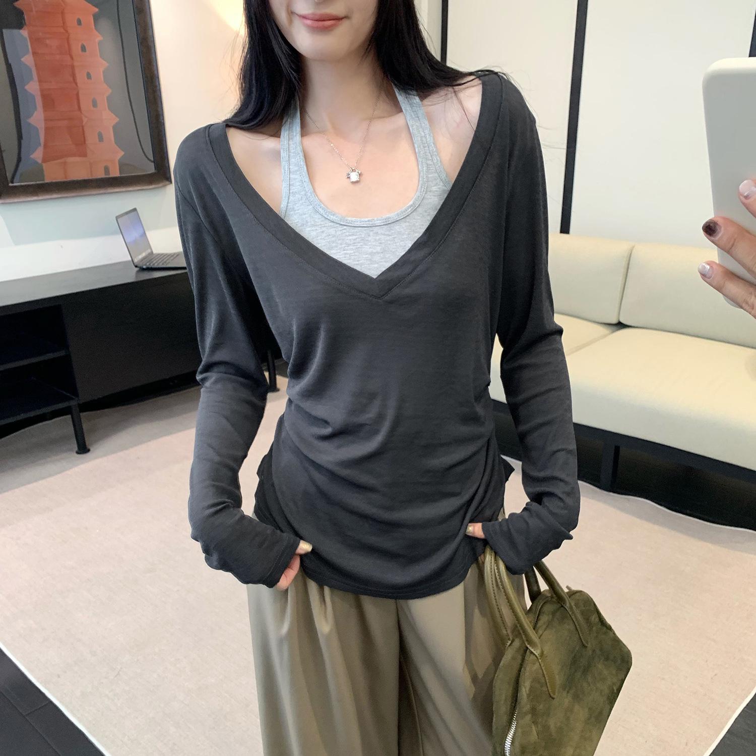 

Korean Style Two-Piece Look Slimming Lace-Up Long-Sleeve Top for Women - Autumn/Winter Collection Medium темно-сірий