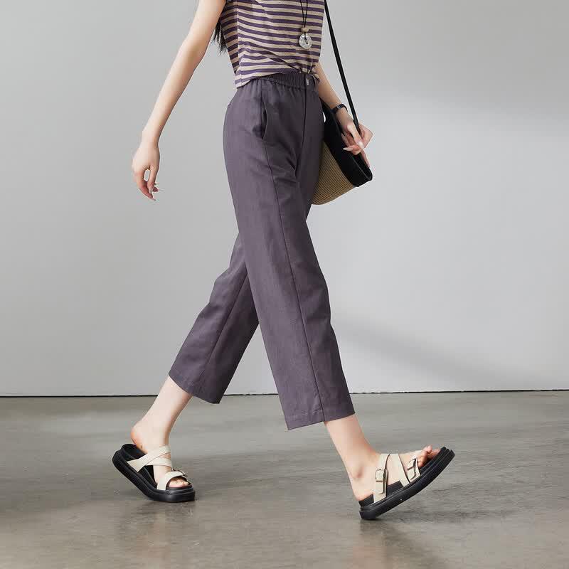 SOFSIL Women's High-Waist Wide-Leg Cropped Linen Blend Pants