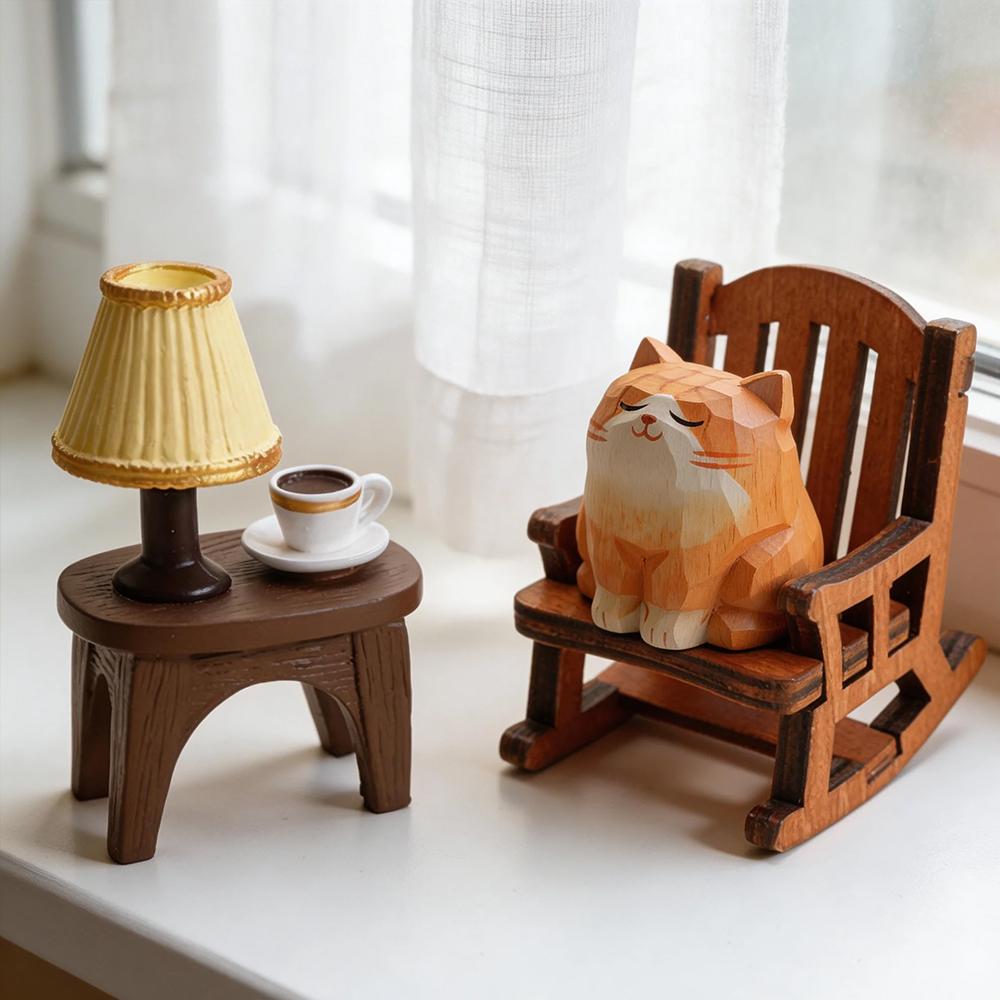 Hand Carved Wooden Cat Figurine Cute Kitten Statue Home Desktop Decor Calico Orange Cat Ragdoll Bombay Cat Miniature Craft Gift