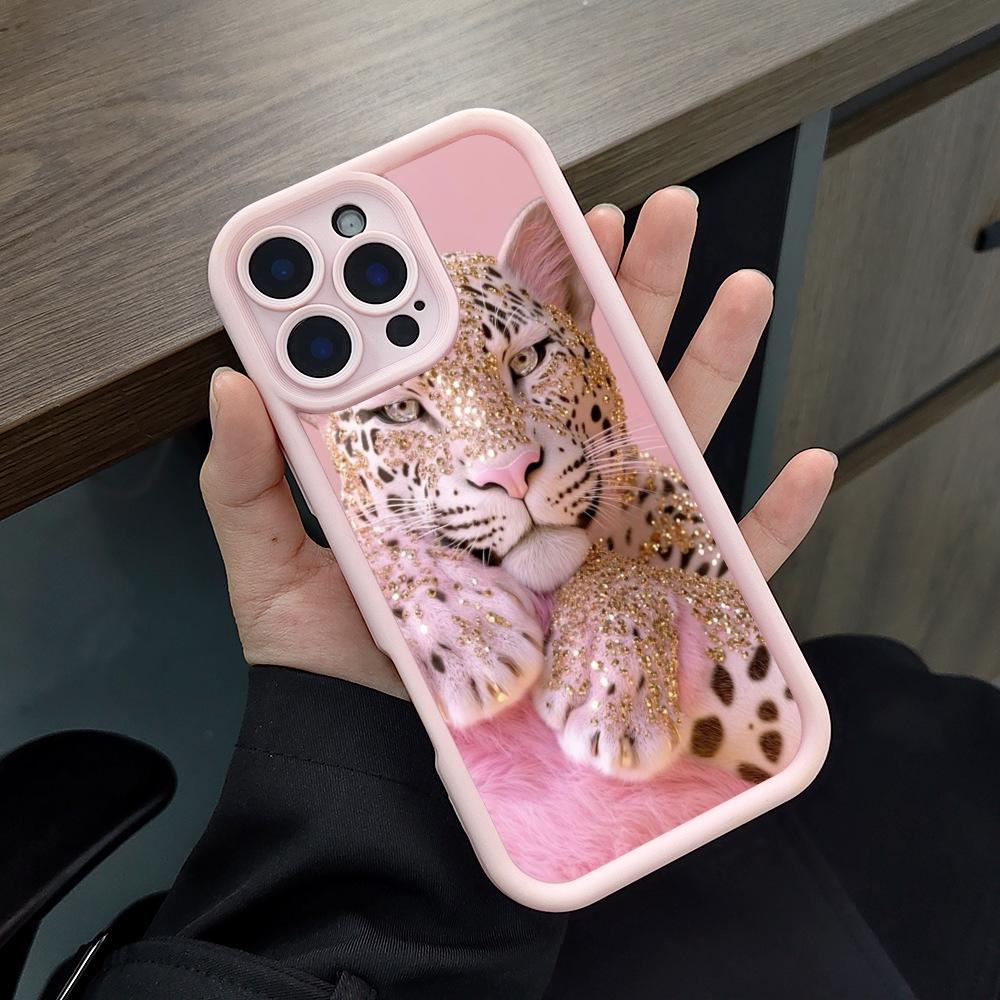 Pink diamond studded tiger pattern phone case suitable for iPhone 17 16 15 14 13 12 11 Pro/Max/Plus anti drop and shockproof