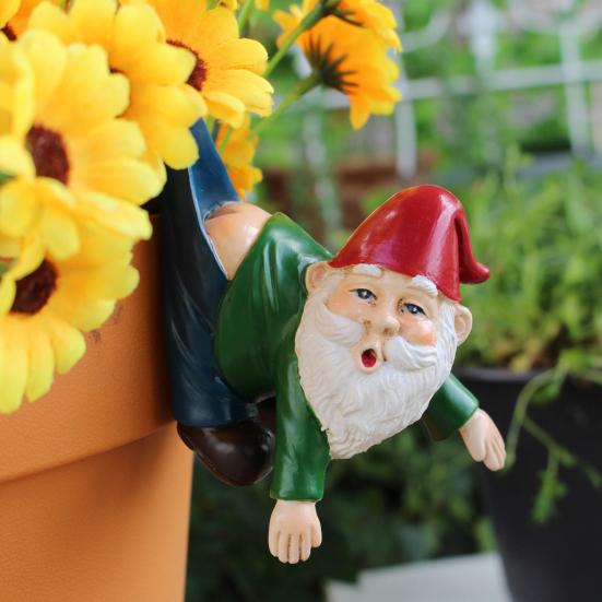 Flowerpot Dwarf Statue Planter Hanging Gnome Figurine Resin Dwarf with Pants Hanging on Branch Ornament for Garden Fence Window Box