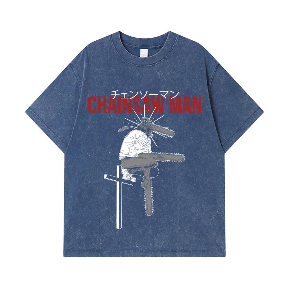 

275 GSM Washed T-shirts 100% Cotton Chainsaw Man V41 Denji Print Unisex Heavy Cotton T Shirt 2XL