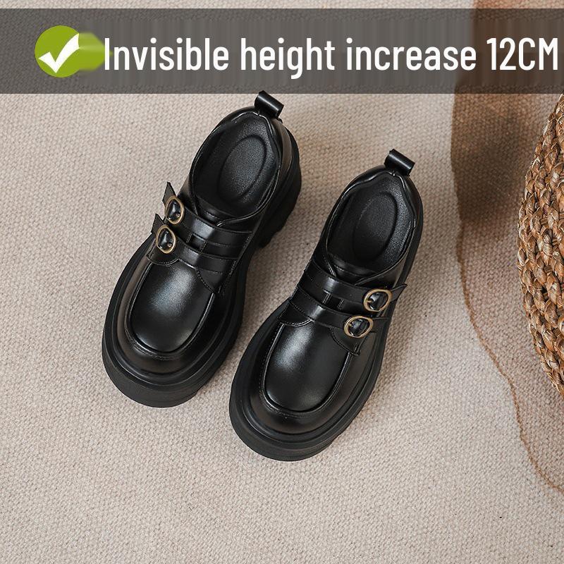 Dámské drobné černé platformové mokasíny - Kolekce jaro/podzim 2025: Všestranné kožené boty JK se silnou podrážkou zvyšující výšku