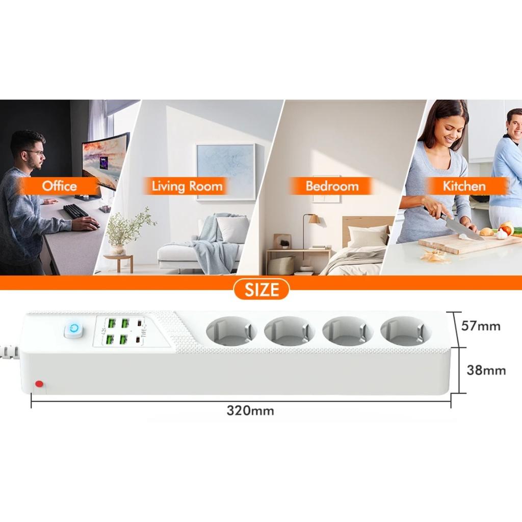 Priză multiplă cu protecție la suprasarcină, priză multiplă cu 4 prize AC, 4 porturi USB-A, 2 porturi USB-C, filtru de rețea pentru casă