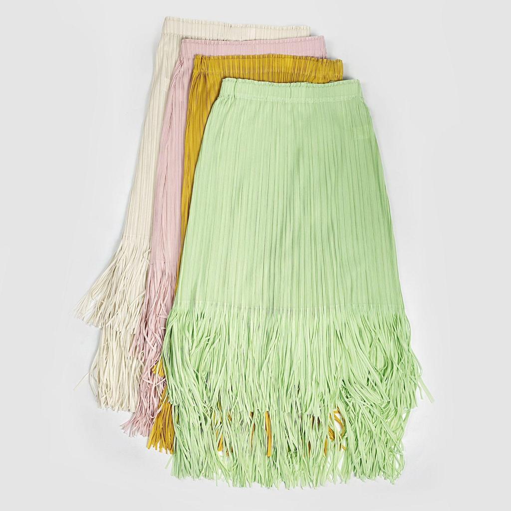 2025 Summer Pleated Tassel A-line Midi Skirt – High Waist Commute Design for Women