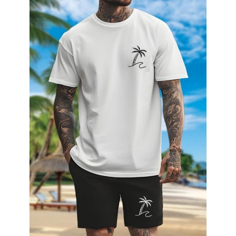 Set Nou de Vară pentru Bărbați cu Palmier și Gradient, Tricou Moale și Respirabil cu Gât Rotund și Pantaloni Scurți, Set de Două Piese pentru Timp Liber în Aer Liber și Urban