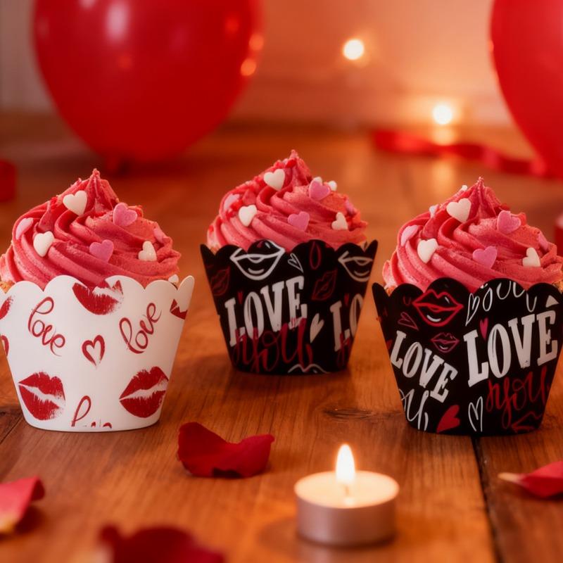 12pcs/set Valentine's Day Decor Scene Prop Heart Baking Cake Wrappers Party Decor Supplies Cake Decoration Accessories