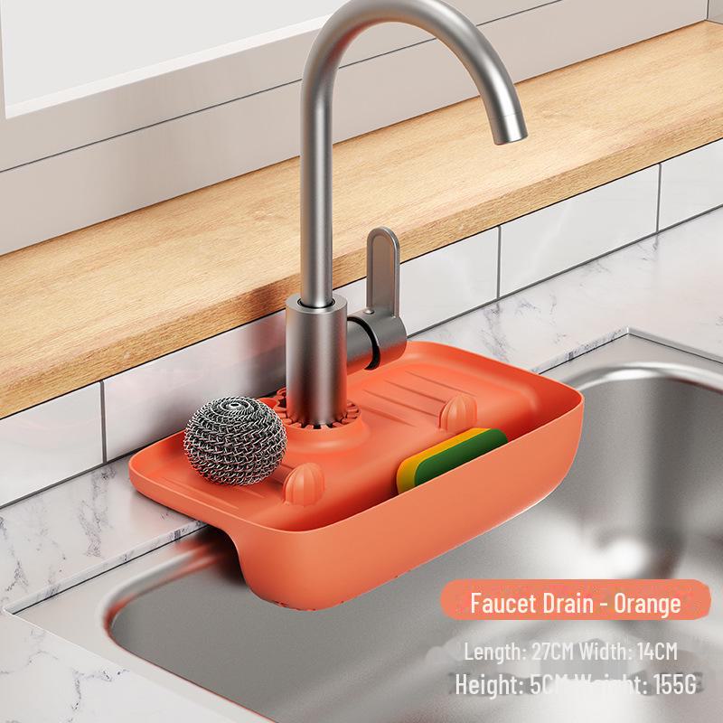Sink Faucet Splash-Proof Drain Rack: Non-Slip Countertop Pad and Sponge Storage.