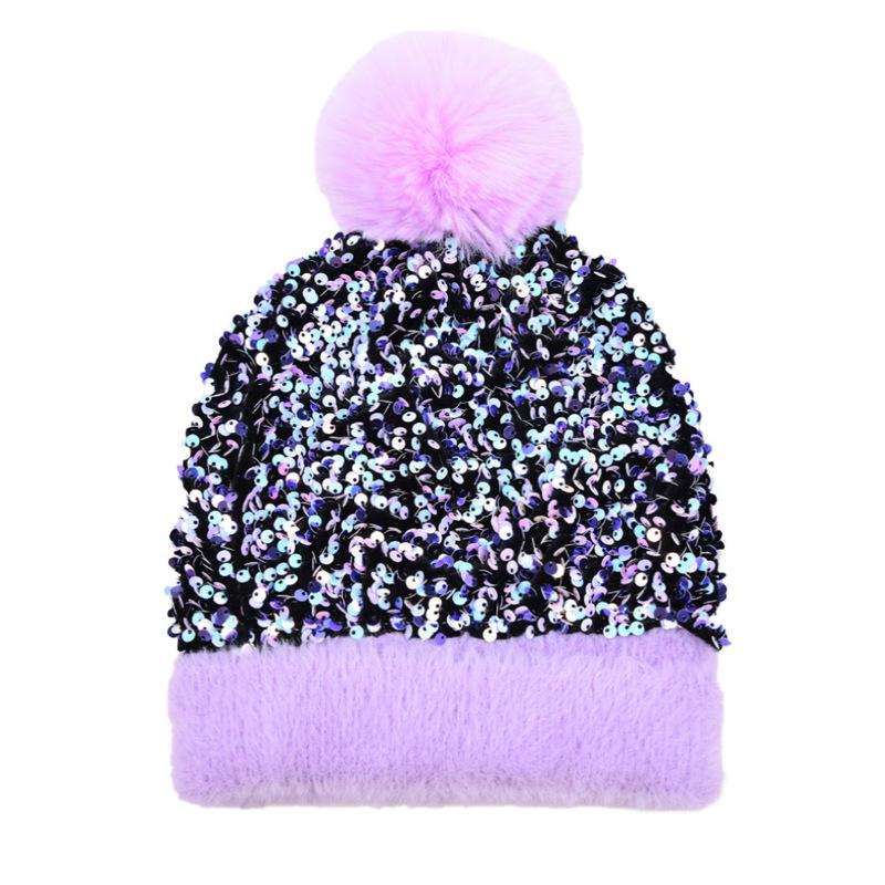 Gestrickte Beanie-Mütze mit Pailletten und großem Kunstfell-Pompon für Damen, Wintermütze