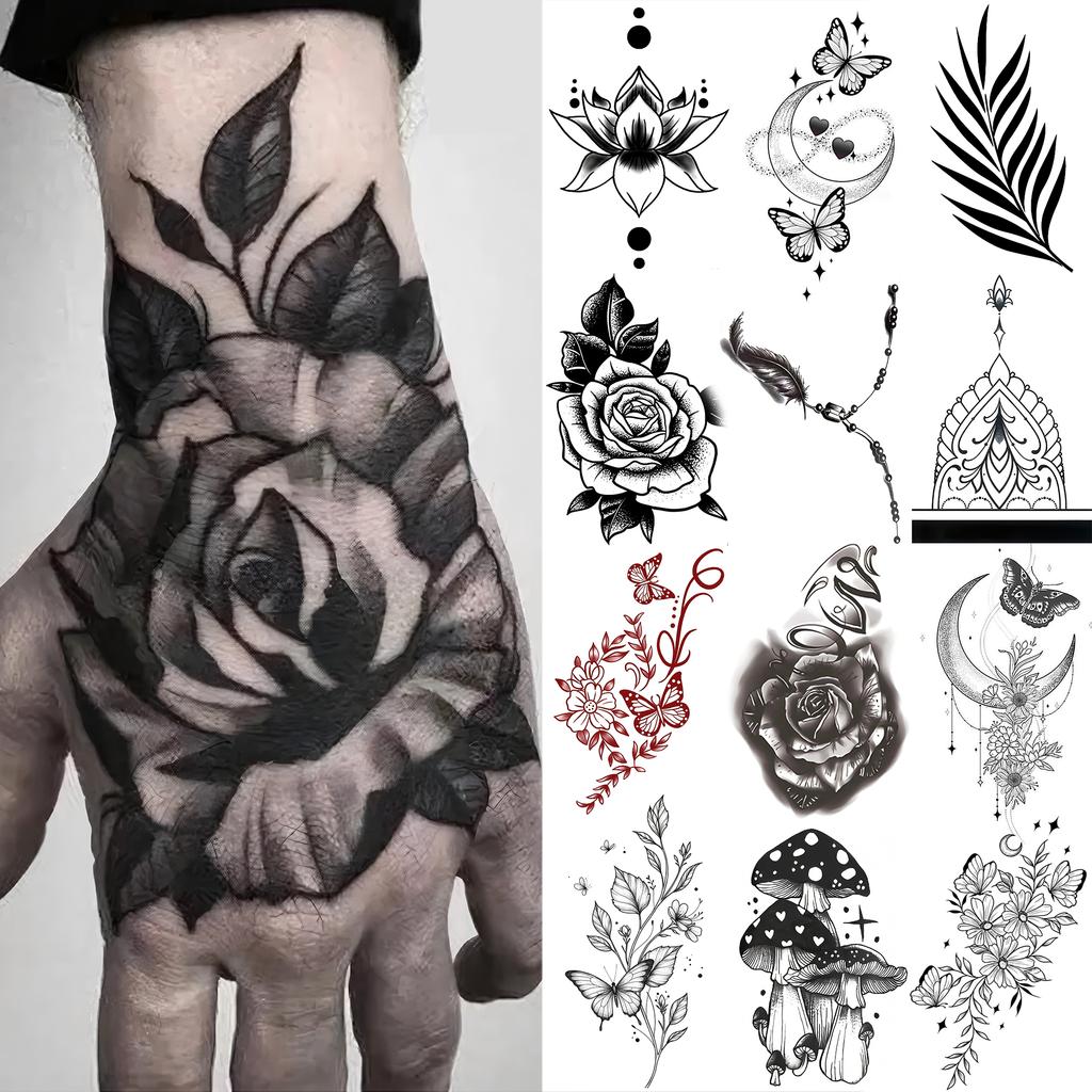 1 Foglio Rose Foglie a Falce Tatuaggi Temporanei Per Mani Collo Adulti, Adesivo Tatuaggio Finto Impermeabile Lunga Durata Realistico