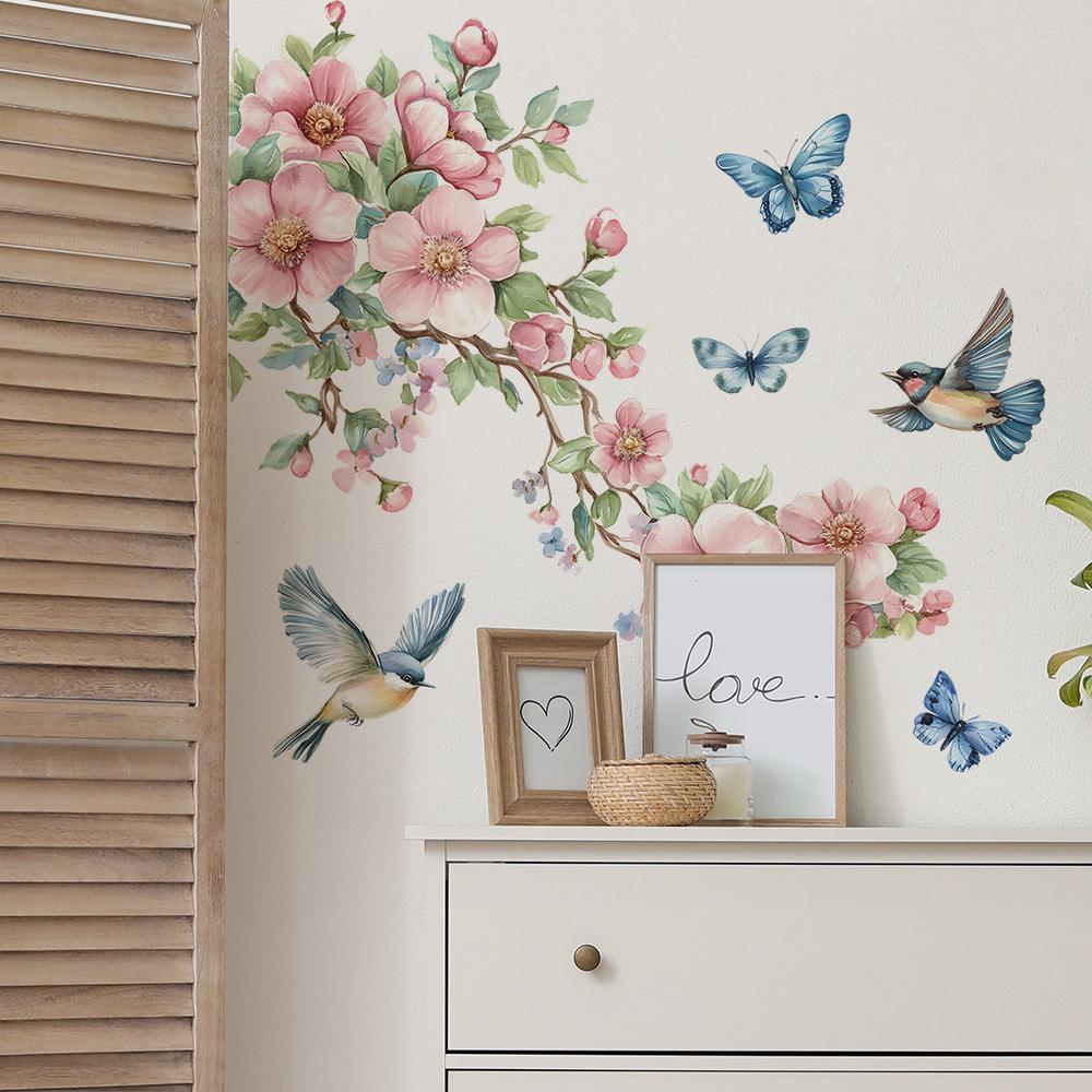 Fiori di Pesco ad Acquerello Rami Foglie Uccelli Farfalle Camera da Letto Soggiorno Abbellimento e Decorazione Casa, Adesivi Murali