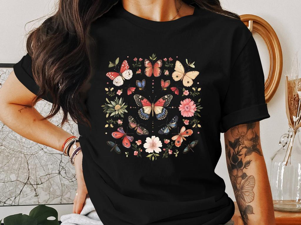 Butterfly T-Shirts, Floral Art Shirts, Cottagecore Tops, Insect Graphic Tees, Nature Lover Apparel, Garden Aesthetic Clothing