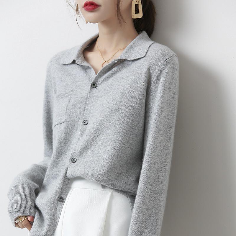 Women's 2023 Light Luxury Loose Knit Wool Polo Cardigan with Lapel Collar