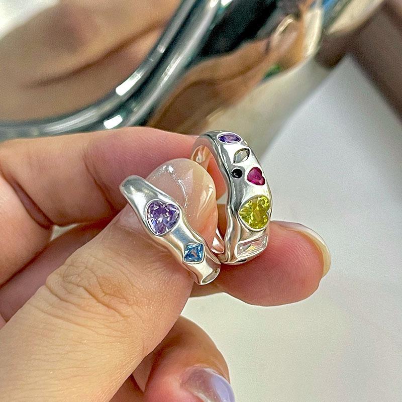 Sweet Cool Coloured Diamond Ring Female Ins Style Niche High-grade Sense of Fashion Personality Light Luxury Hundreds of Candy Coloured Finger Ring