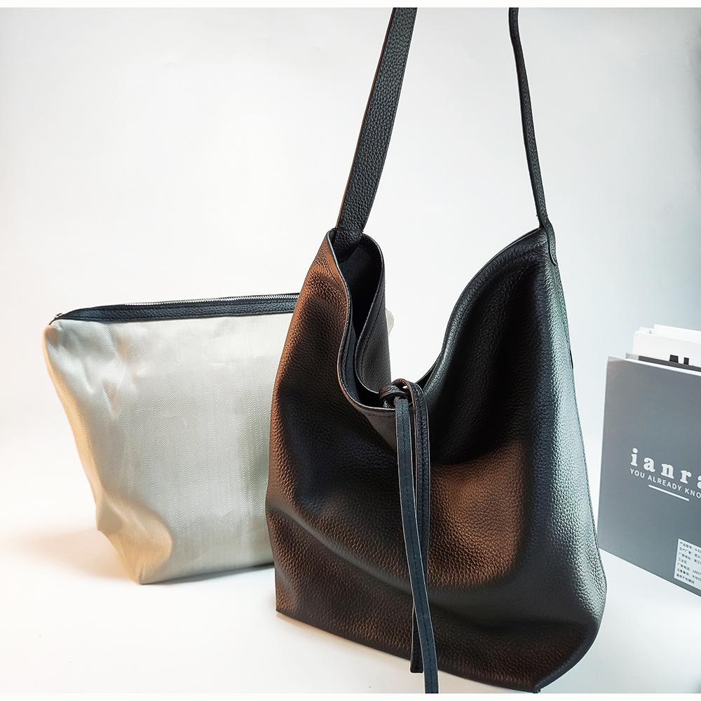 Women's Lychee Pattern Cowhide Bucket Bag - Large Capacity, Commuter Style, Single Shoulder, Lightweight Genuine Leather
