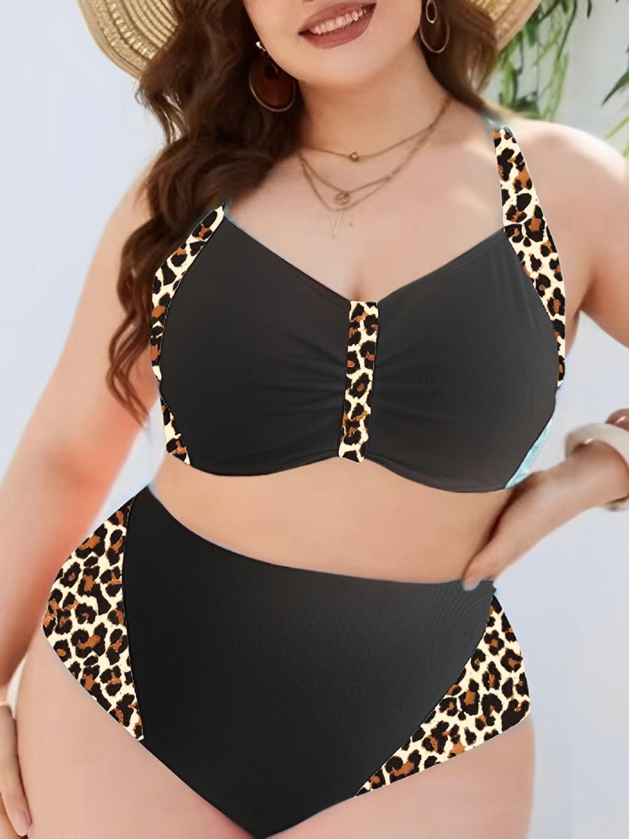 

2025 Большой размер леопардовый бикини из двух частей купальник с высокой талией женский купальник с бретелькой через шею женский купальный костюм пляжная одежда 2XL чёрный