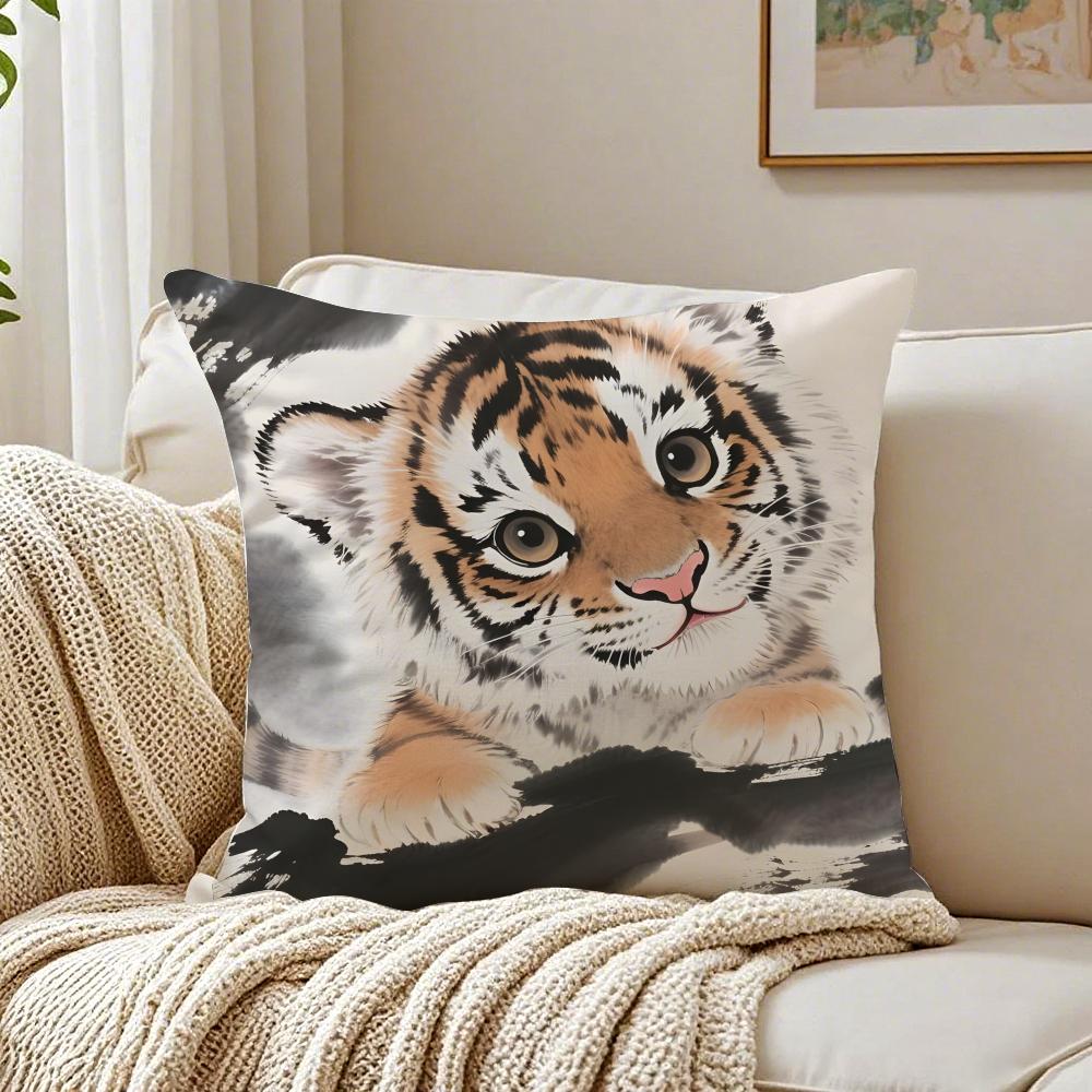 Cute Tiger Pillow Retro Painting Cushion Cushion Cover Pillowcase Antidustmite living Room Sofa Decor Cushion Room