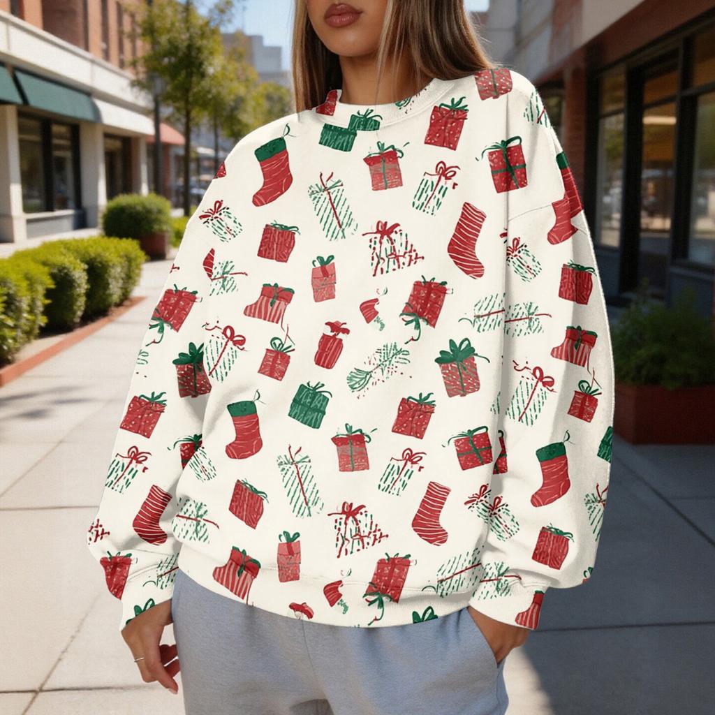 Women's Casual Christmas Print Crewneck Sweatshirt Pullover Top for Holiday Wear