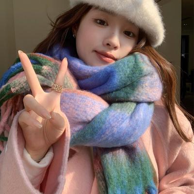 Rainbow Plaid Scarf Women's Winter Warmth Thickened Knitted Scarf Long Shawl Student Male Atmosphere