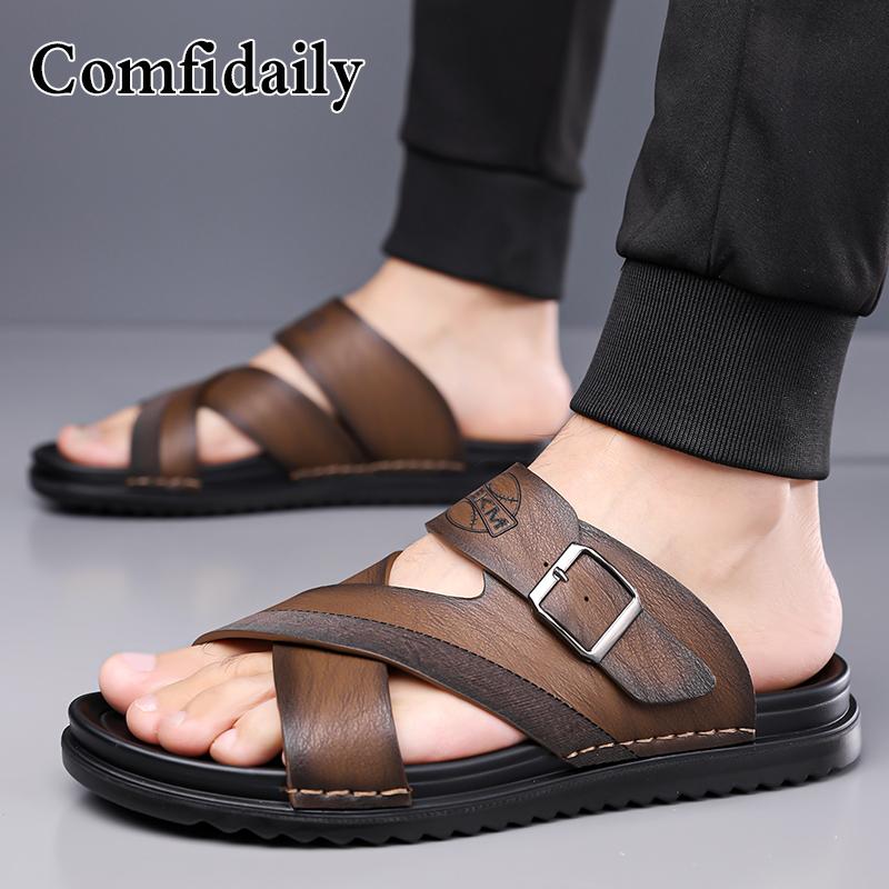 Men Simple Beige Flats Slippers Summer Brown Roman Sandals Retro Black Leather Wide Head Beach Shoes Plus Size