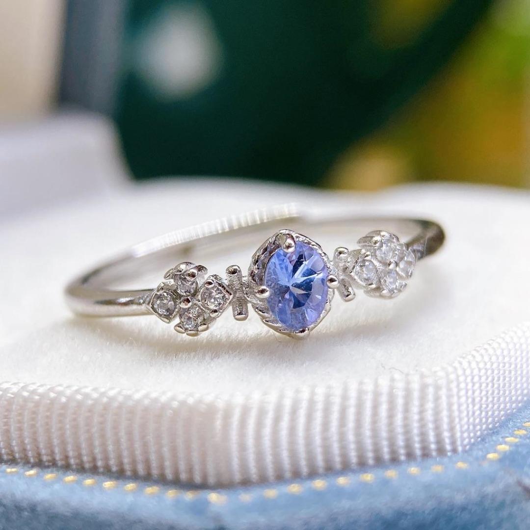 Natural Tanzanite Open-Design Ring, S925 Silver with Inlaid Diamonds Adjustable