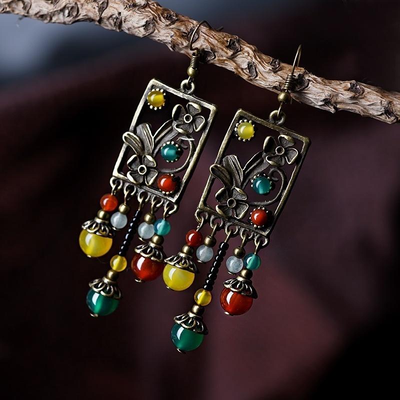 Orecchini Pendenti Etnici Boho Lunghi Con Perline E Nappe, Onice Nero, Stile Cinese. Gioielli Vintage Per Donna, Eleganti E Originali.