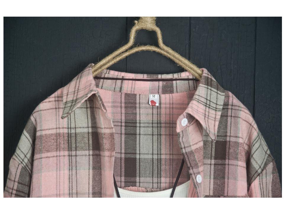 Camicia Giacca da Donna a Quadri Rosa in Cotone e Lino di Media Lunghezza Larga Primavera/Autunno