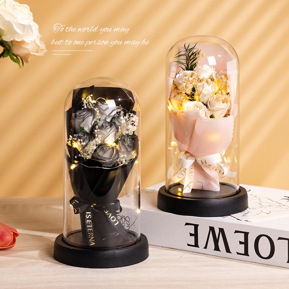 Eternal Rose LED Light Acrylic Cover Flower Valentines Day Gift Wedding Party Decor Artificial Rose Flowers Light Christmas Part