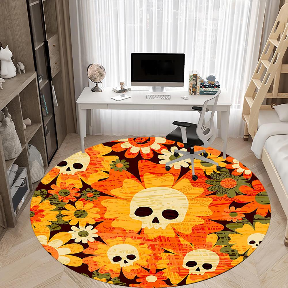 1pc Skull Flowers Office Round Area Rug, Mat Suitable For Office, Under Office Chairs Bedroom Living Room Home Decor, Room Deco