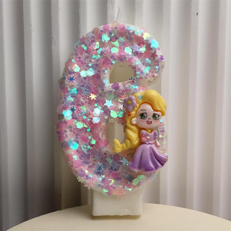Creative Styling Cartoon Rapunzel Digital Candle Birthday Cake Decoration Colorful Sequin Candle