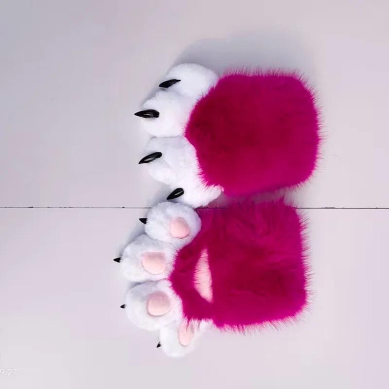 Leopard Print Plush Animal Paw Gloves Synthetic Fur Style Fursuit Hand Paws Cosplay Costume for Halloween Party