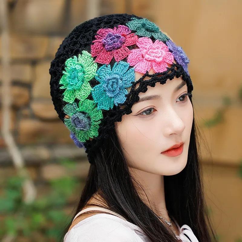 Spring and Autumn Handmade Hat Women's Pull Only Handmade Crocheted All Match Knitted Hat Women's Hollow Crocheted Wool Hat