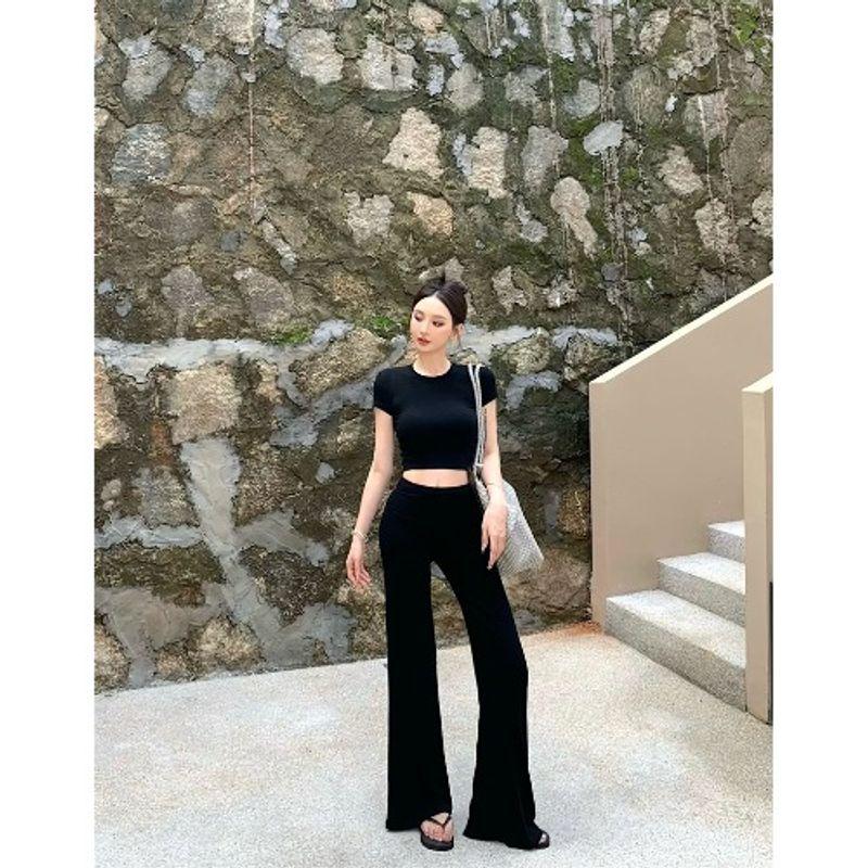 Kumikumi Gyaru Set Simple Solid Short sleeve T-shirt Women Summer High Waist Casual Pants Bootcut Trousers Two-piece Set