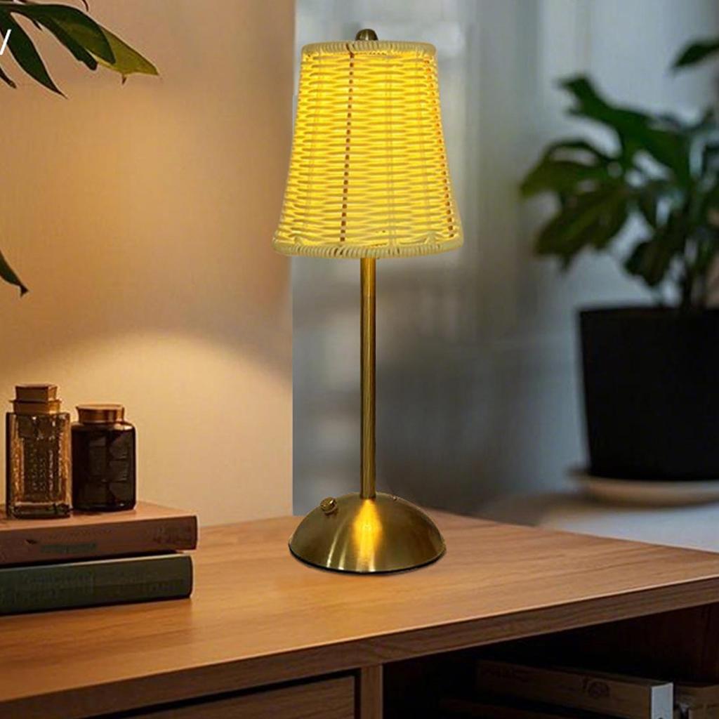Vintage Rattan Table Lamp LED Dimmable 3 Color Temperatures Rechargeable Cordless Bedside Lamp for Bedroom Living Room
