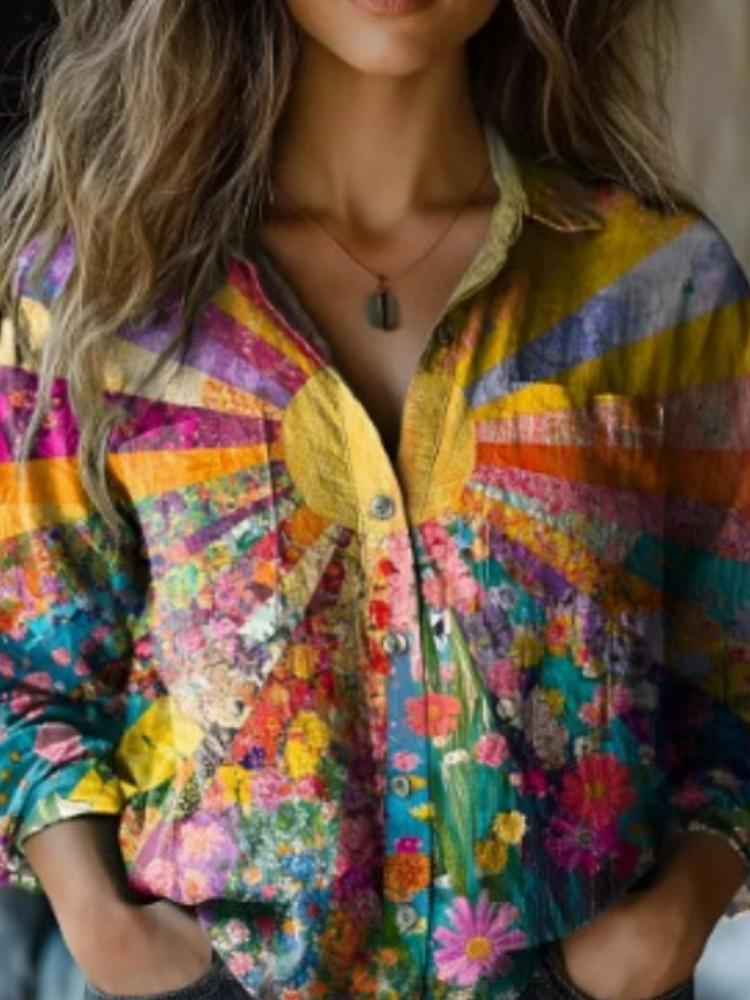 

Женская разноцветная рубашка с абстрактным принтом, с длинным рукавом и нагрудными карманами, повседневная блузка свободного кроя S