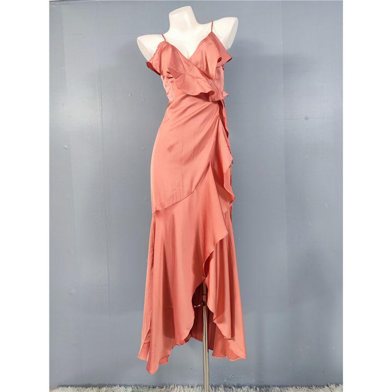 

Export Single SJ Home Spaghetti-Strap Ruffle One Piece Silm Classy Elegance Fashion All-Match Young Ladies Dress Brown pink S(8)