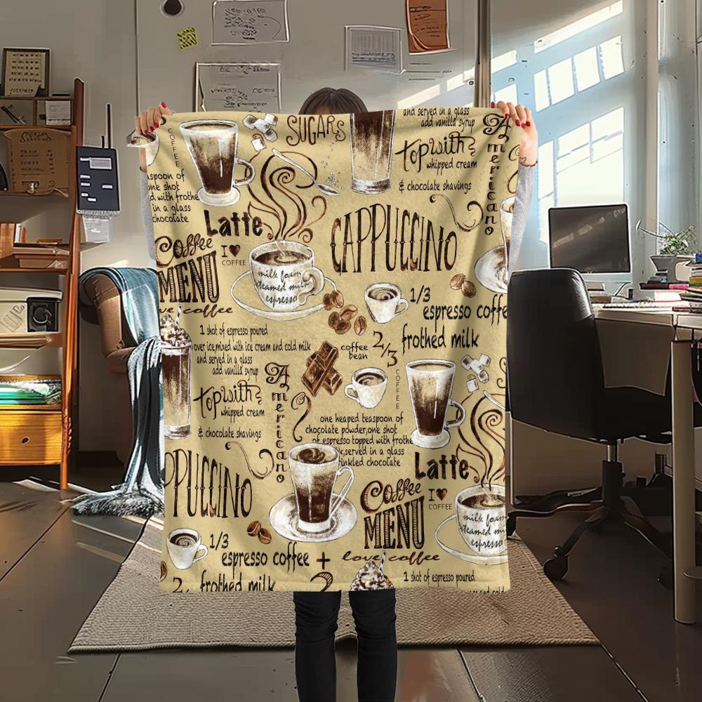 1Pc Coffee Print Flannel Blanket, High quality Comfortable for All Seasons, Home Decor, Warmth and Comfort, Perfect for Gifts