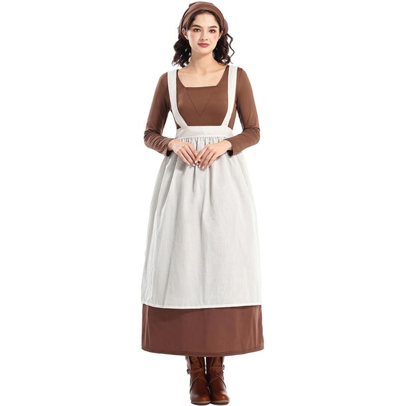 Halloween Maid Costume Set Includes French Maid Apron Maid Dress and Headscarf Set for Women, Kitchen Cooking Apron