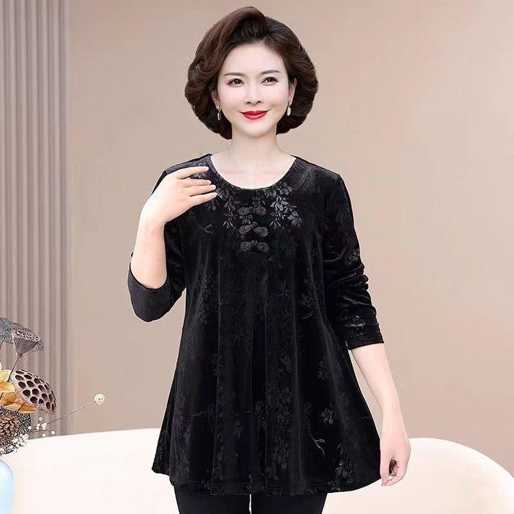 Women's Plus Size Velvet Blouse Round Neck Jacquard Loose Pullover Base Shirt Long Sleeve Velvet T-Shirt Top