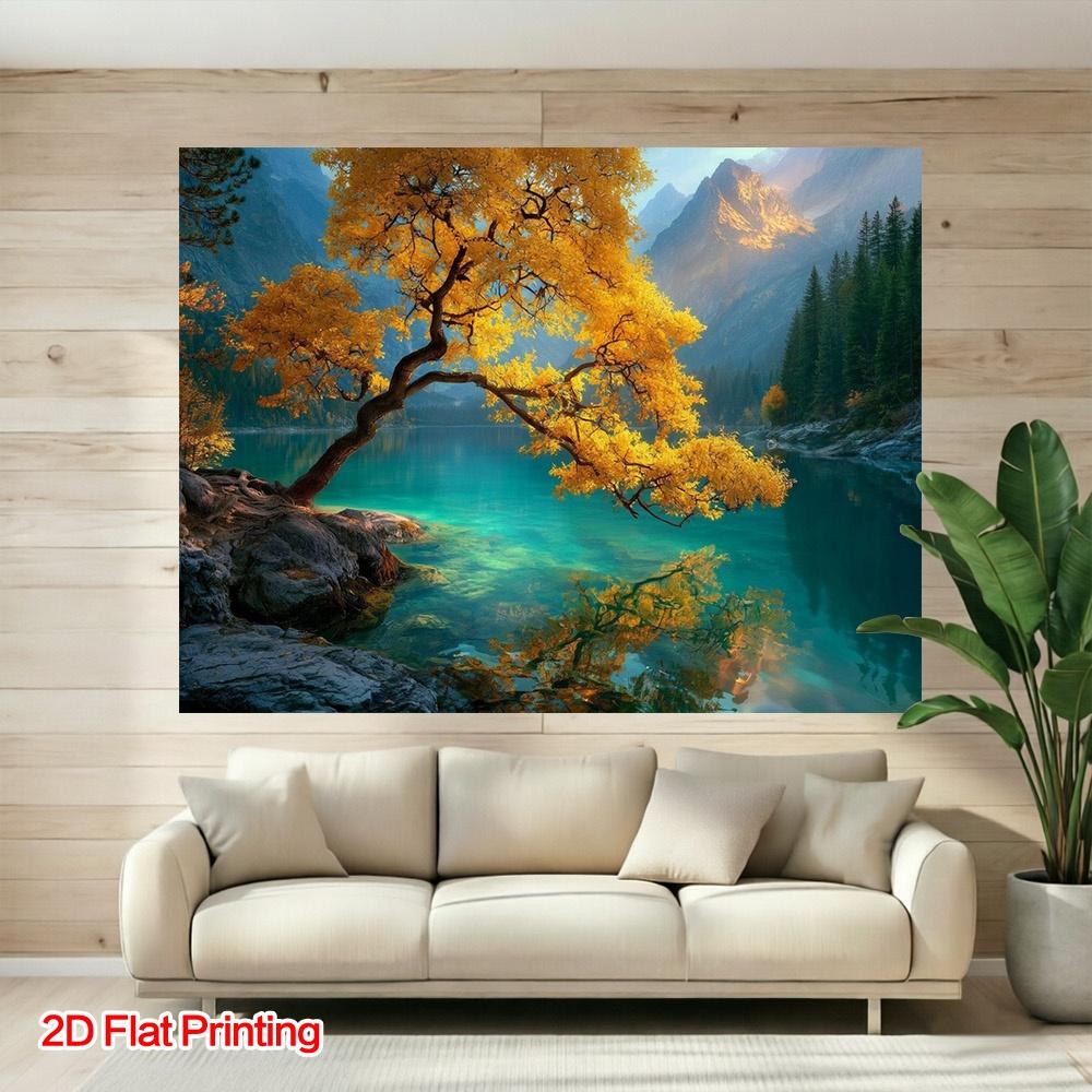 2D Plane, 1 Piece. Autumn Trees by the Lake. Suitable for Home Studio Decoration and Balcony/yard Background.