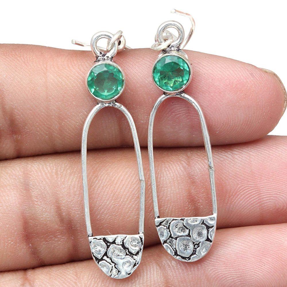 Emerald Quartz Gemstone Handmade Silver Jewelry Earrings 1.5''